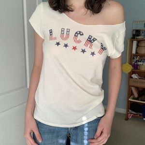 off the shoulder lucky brand top w/ raw hem